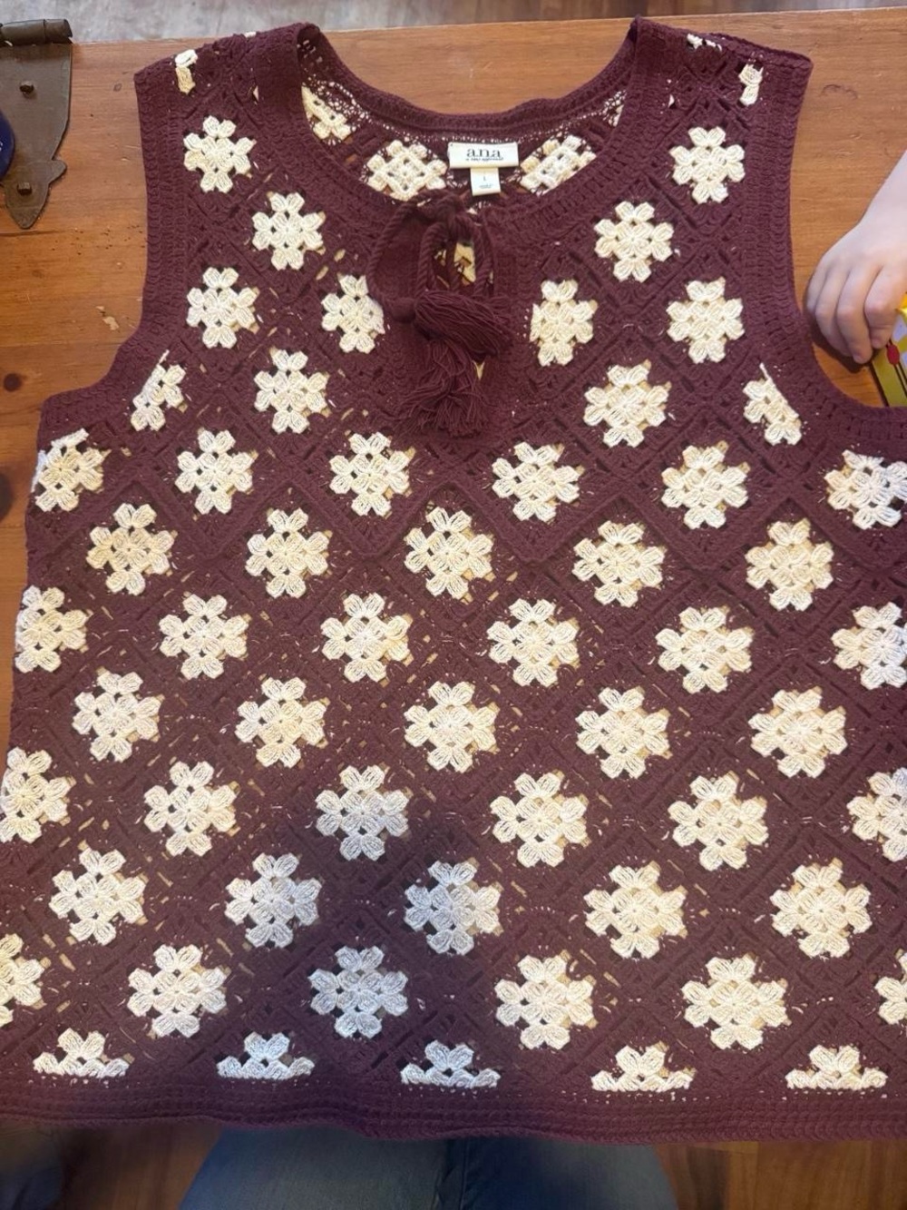 A.N.A Burgundy Cream Crochet Granny Square Vest Top Size L
